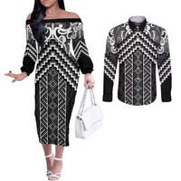 Maori Tukutuku Taniko Motifs Couples Matching Off The Shoulder Long Sleeve Dress and Long Sleeve Button Shirt Black Poutama Mix Kowhaiwhai