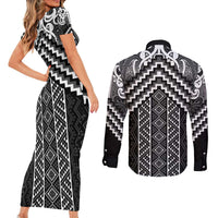 Maori Tukutuku Taniko Motifs Couples Matching Short Sleeve Bodycon Dress and Long Sleeve Button Shirt Black Poutama Mix Kowhaiwhai