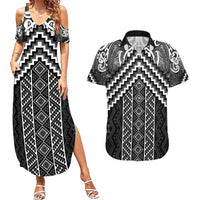 Maori Tukutuku Taniko Motifs Couples Matching Summer Maxi Dress and Hawaiian Shirt Black Poutama Mix Kowhaiwhai