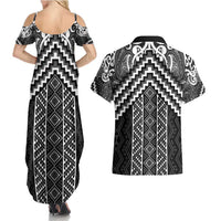 Maori Tukutuku Taniko Motifs Couples Matching Summer Maxi Dress and Hawaiian Shirt Black Poutama Mix Kowhaiwhai