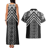 Maori Tukutuku Taniko Motifs Couples Matching Tank Maxi Dress and Hawaiian Shirt Black Poutama Mix Kowhaiwhai