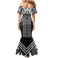 Maori Tukutuku Taniko Motifs Family Matching Mermaid Dress and Hawaiian Shirt Black Poutama Mix Kowhaiwhai