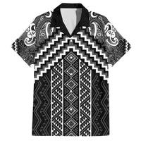 Maori Tukutuku Taniko Motifs Family Matching Off The Shoulder Long Sleeve Dress and Hawaiian Shirt Black Poutama Mix Kowhaiwhai