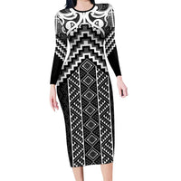Maori Tukutuku Taniko Motifs Long Sleeve Bodycon Dress Black Poutama Mix Kowhaiwhai