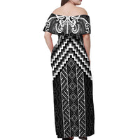 Maori Tukutuku Taniko Motifs Off Shoulder Maxi Dress Black Poutama Mix Kowhaiwhai