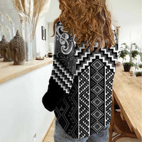 Maori Tukutuku Taniko Motifs Women Casual Shirt Black Poutama Mix Kowhaiwhai