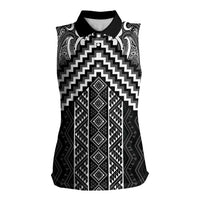 Maori Tukutuku Taniko Motifs Women Sleeveless Polo Shirt Black Poutama Mix Kowhaiwhai