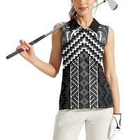 Maori Tukutuku Taniko Motifs Women Sleeveless Polo Shirt Black Poutama Mix Kowhaiwhai