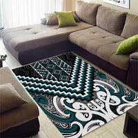 Maori Tukutuku Taniko Motifs Area Rug Teal Poutama Mix Kowhaiwhai