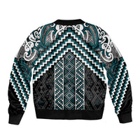 Maori Tukutuku Taniko Motifs Bomber Jacket Teal Poutama Mix Kowhaiwhai