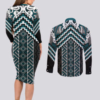 Maori Tukutuku Taniko Motifs Couples Matching Long Sleeve Bodycon Dress and Long Sleeve Button Shirt Teal Poutama Mix Kowhaiwhai
