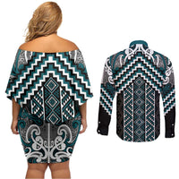 Maori Tukutuku Taniko Motifs Couples Matching Off Shoulder Short Dress and Long Sleeve Button Shirt Teal Poutama Mix Kowhaiwhai