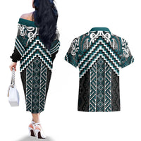 Maori Tukutuku Taniko Motifs Couples Matching Off The Shoulder Long Sleeve Dress and Hawaiian Shirt Teal Poutama Mix Kowhaiwhai