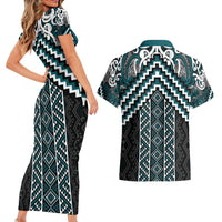 Maori Tukutuku Taniko Motifs Couples Matching Short Sleeve Bodycon Dress and Hawaiian Shirt Teal Poutama Mix Kowhaiwhai
