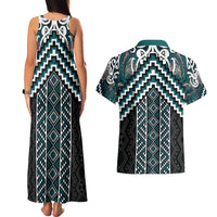 Maori Tukutuku Taniko Motifs Couples Matching Tank Maxi Dress and Hawaiian Shirt Teal Poutama Mix Kowhaiwhai