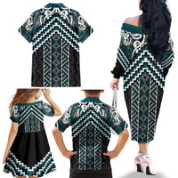 Maori Tukutuku Taniko Motifs Family Matching Off The Shoulder Long Sleeve Dress and Hawaiian Shirt Teal Poutama Mix Kowhaiwhai