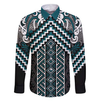Maori Tukutuku Taniko Motifs Family Matching Off Shoulder Short Dress and Hawaiian Shirt Teal Poutama Mix Kowhaiwhai