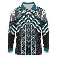 Maori Tukutuku Taniko Motifs Long Sleeve Polo Shirt Teal Poutama Mix Kowhaiwhai