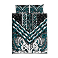 Maori Tukutuku Taniko Motifs Quilt Bed Set Teal Poutama Mix Kowhaiwhai