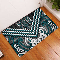 Maori Tukutuku Taniko Motifs Rubber Doormat Teal Poutama Mix Kowhaiwhai