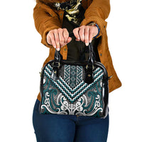 Maori Tukutuku Taniko Motifs Shoulder Handbag Teal Poutama Mix Kowhaiwhai