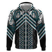 Maori Tukutuku Taniko Motifs Zip Hoodie Teal Poutama Mix Kowhaiwhai