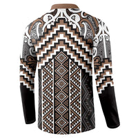 Maori Tukutuku Taniko Motifs Button Sweatshirt Brown Poutama Mix Kowhaiwhai
