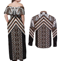 Maori Tukutuku Taniko Motifs Couples Matching Off Shoulder Maxi Dress and Long Sleeve Button Shirt Brown Poutama Mix Kowhaiwhai