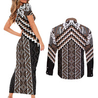 Maori Tukutuku Taniko Motifs Couples Matching Short Sleeve Bodycon Dress and Long Sleeve Button Shirt Brown Poutama Mix Kowhaiwhai