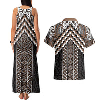 Maori Tukutuku Taniko Motifs Couples Matching Tank Maxi Dress and Hawaiian Shirt Brown Poutama Mix Kowhaiwhai