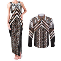 Maori Tukutuku Taniko Motifs Couples Matching Tank Maxi Dress and Long Sleeve Button Shirt Brown Poutama Mix Kowhaiwhai