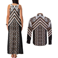 Maori Tukutuku Taniko Motifs Couples Matching Tank Maxi Dress and Long Sleeve Button Shirt Brown Poutama Mix Kowhaiwhai