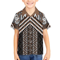 Maori Tukutuku Taniko Motifs Family Matching Long Sleeve Bodycon Dress and Hawaiian Shirt Brown Poutama Mix Kowhaiwhai