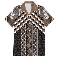 Maori Tukutuku Taniko Motifs Family Matching Off The Shoulder Long Sleeve Dress and Hawaiian Shirt Brown Poutama Mix Kowhaiwhai