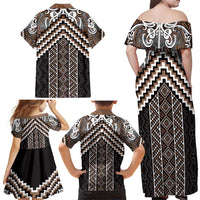 Maori Tukutuku Taniko Motifs Family Matching Off Shoulder Maxi Dress and Hawaiian Shirt Brown Poutama Mix Kowhaiwhai
