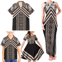 Maori Tukutuku Taniko Motifs Family Matching Tank Maxi Dress and Hawaiian Shirt Brown Poutama Mix Kowhaiwhai
