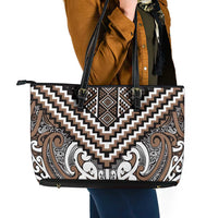 Maori Tukutuku Taniko Motifs Leather Tote Bag Brown Poutama Mix Kowhaiwhai