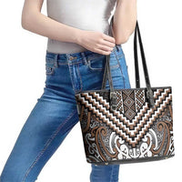 Maori Tukutuku Taniko Motifs Leather Tote Bag Brown Poutama Mix Kowhaiwhai