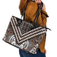 Maori Tukutuku Taniko Motifs Leather Tote Bag Brown Poutama Mix Kowhaiwhai