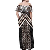 Maori Tukutuku Taniko Motifs Off Shoulder Maxi Dress Brown Poutama Mix Kowhaiwhai