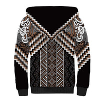 Maori Tukutuku Taniko Motifs Sherpa Hoodie Brown Poutama Mix Kowhaiwhai