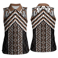 Maori Tukutuku Taniko Motifs Women Sleeveless Polo Shirt Brown Poutama Mix Kowhaiwhai