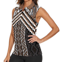 Maori Tukutuku Taniko Motifs Women Sleeveless Polo Shirt Brown Poutama Mix Kowhaiwhai