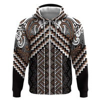 Maori Tukutuku Taniko Motifs Zip Hoodie Brown Poutama Mix Kowhaiwhai