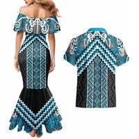 Maori Tukutuku Taniko Motifs Couples Matching Mermaid Dress and Hawaiian Shirt Turquoise Poutama Mix Kowhaiwhai