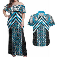 Maori Tukutuku Taniko Motifs Couples Matching Off Shoulder Maxi Dress and Hawaiian Shirt Turquoise Poutama Mix Kowhaiwhai