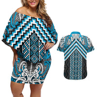 Maori Tukutuku Taniko Motifs Couples Matching Off Shoulder Short Dress and Hawaiian Shirt Turquoise Poutama Mix Kowhaiwhai