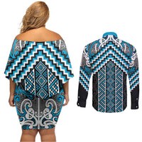 Maori Tukutuku Taniko Motifs Couples Matching Off Shoulder Short Dress and Long Sleeve Button Shirt Turquoise Poutama Mix Kowhaiwhai