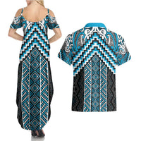 Maori Tukutuku Taniko Motifs Couples Matching Summer Maxi Dress and Hawaiian Shirt Turquoise Poutama Mix Kowhaiwhai