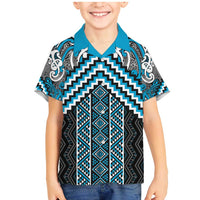 Maori Tukutuku Taniko Motifs Family Matching Mermaid Dress and Hawaiian Shirt Turquoise Poutama Mix Kowhaiwhai